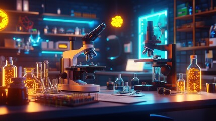 Poster - Two Microscopes and Laboratory Equipment on a Table in a Dimly Lit Room