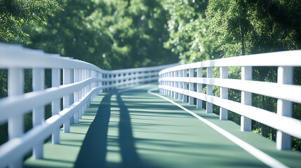 Poster - A white metal guardrail bridge with a green asphalt road, on the side of which is an iron fence Generative AI