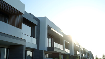 Aufkleber - A row of modern townhouses with white walls and gray roofs against the blue sky on a sunny day Generative AI