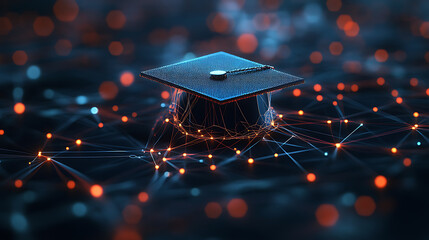 Leinwandbilder - A blue digital mesh representing the network of interconnected nodes, with an illuminated graduation cap floating above it Generative AI