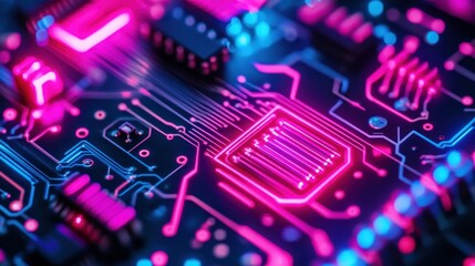 Poster - Close-up of a Circuit Board with Glowing Pink and Blue Traces