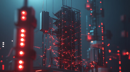 Poster - 3d illustration of a telecom base station receiver with abstract digital connections, symbolizing modern telecommunications infrastructure