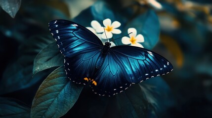 Aufkleber - A Dark Blue Morpho Butterfly Perched on Green Leaves and White Flowers