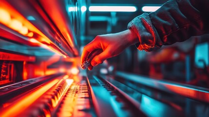 Poster - A Person's Hand Reaching for a Metal Object in a Factory