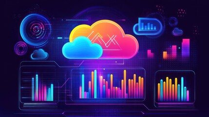 Aufkleber - Neon Cloud Computing Interface with Data Visualizations