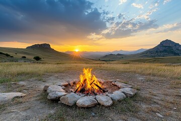 Wall Mural - A fire is burning in a circle of rocks in a field