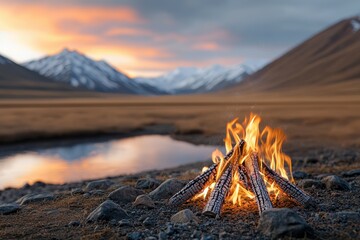 Wall Mural - A fire is burning in a pile of wood on a rocky beach