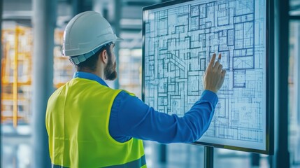Poster - Construction Worker Reviewing Architectural Blueprint on a Digital Display