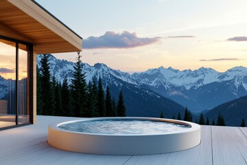 Wall Mural - A large, round pool sits on a wooden deck overlooking a mountain range