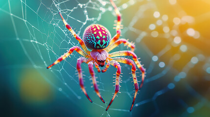 Colorful spider at the center of a web, beautiful background, blurred background, macro photography, photorealistic landscapes