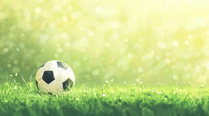 Poster - Classic leather soccer ball sits on a vibrant green grassy field, bathed in warm sunlight, creating an idyllic scene of leisure and sport