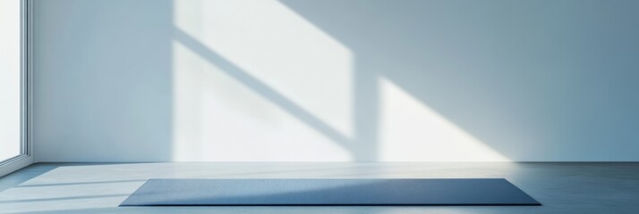 Poster - Inviting sunlit room with empty yoga mat, ideal for meditation and wellness. Peaceful atmosphere encourages tranquility and mindfulness, inspiring motivation and balance