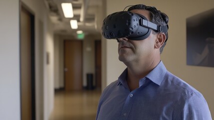 Poster - Man wearing a VR headset in a hallway