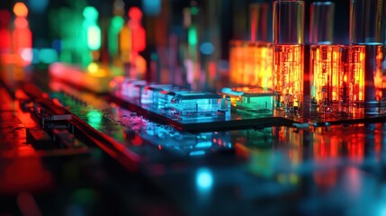 Poster - Abstract Cityscape with Neon Lights and Glass Structures