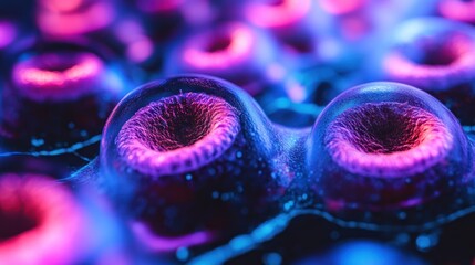 Poster - Close-up of Bioluminescent Cells in a Blue and Pink Hue