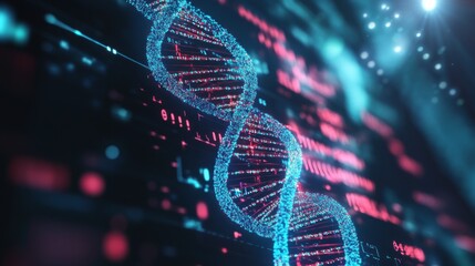 Poster - A 3D Rendered DNA Double Helix Composed of Blue and Red Particles