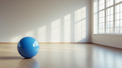 Aufkleber - Large blue fitness ball sits on hardwood floor in a spacious, empty room with sunlight streaming through window, creating a serene and minimalist atmosphere