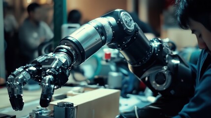 Aufkleber - A robotic arm with a detailed, articulated hand, reaching towards a blurry background.