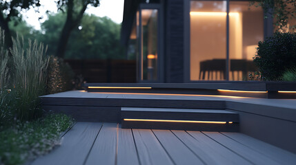 Aufkleber - modern composite decking in ash grey featuring two levels with subtle deck lights perfect for contemporary landscape design