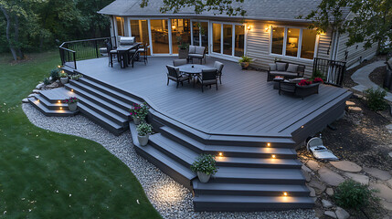Poster - modern composite decking in ash grey featuring two levels with subtle deck lights perfect for contemporary landscape design