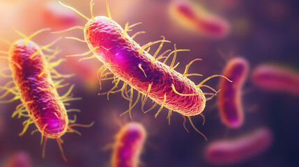 Poster - microscopic view of probiotic bacteria featuring colorful elongated microorganisms against a blurred background intricate details highlight the complexity of gut microbiota