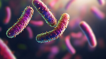 Aufkleber - microscopic view of probiotic bacteria featuring colorful elongated microorganisms against a blurred background intricate details highlight the complexity of gut microbiota