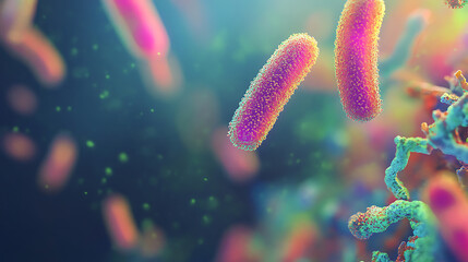 Poster - microscopic view of probiotic bacteria featuring colorful elongated microorganisms against a blurred background intricate details highlight the complexity of gut microbiota