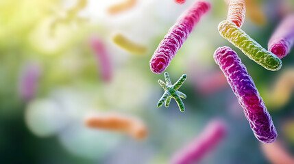 Aufkleber - microscopic view of probiotic bacteria featuring colorful elongated microorganisms against a blurred background intricate details highlight the complexity of gut microbiota