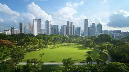 Poster - lush green urban park with manicured lawn stretching towards modern city skyline peaceful oasis amidst bustling metropolis perfect for relaxation and recreation