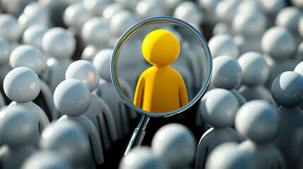 Aufkleber - diverse focus group participant selection magnifying glass highlighting yellow figure among white icons vibrant contrasting colors