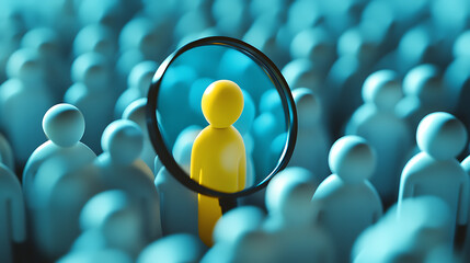 Aufkleber - diverse focus group participant selection magnifying glass highlighting yellow figure among white icons vibrant contrasting colors