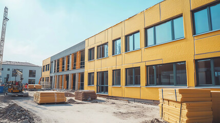 Poster - constructing mineral wool thermal insulation for exterior walls, Mineral wool is used for heat insulation in exterior passive house walls, insulation for a business building's facade