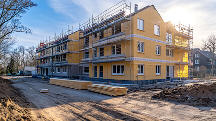 Poster - constructing mineral wool thermal insulation for exterior walls, Mineral wool is used for heat insulation in exterior passive house walls, insulation for a business building's facade