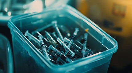 Poster - close-up of the sharps container holding used vaccination needles