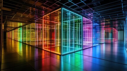 Poster - A hallway illuminated with colorful neon lights reflected in glass panels