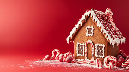 Aufkleber - Vibrant red background with a gingerbread house and candy canes, space for text on the right side