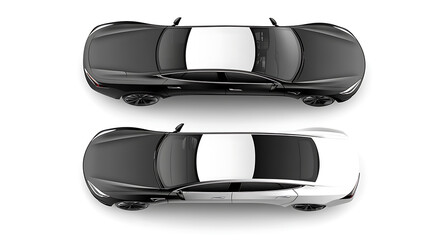 Poster - Vector mockup of a car, isolated against a white backdrop, sedan for business, Above view of a black, grey, and white car, Vehicle Model
