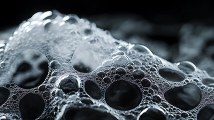 Poster - Use liquid white hand soap, shampoo, or shower gel to create foam, a black background with an isolated abstract soap bubble