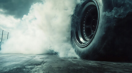 Aufkleber - Tires and car burnout wheels emit white smoke, vehicle wheel burnout with tire spinning smoke, Tires are burned by drag car wheels before a race