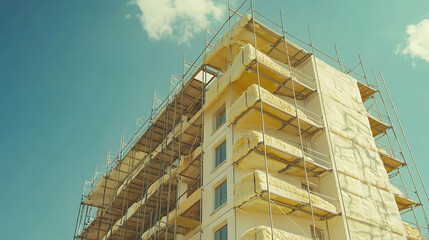Poster - Thermal insulation of a multi-story apartment building using scaffolding and thick slabs of rock mineral wool against a background of the blue sky