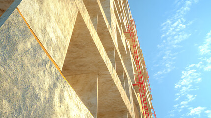 Poster - Thermal insulation of a multi-story apartment building using scaffolding and thick slabs of rock mineral wool against a background of the blue sky