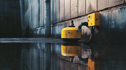 Leinwandbilder - Sump pump with yellow backup for underground water drainage â€“ Home maintenance and plumbing, emphasizing flood prevention