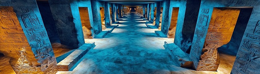 Poster - Mysterious Labyrinth with Blue Lighting and Ancient Symbols