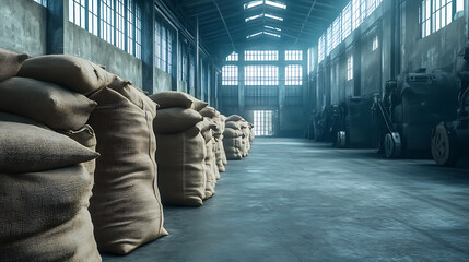 Poster - Sugar in a Warehouse, Bags of sugar, Big food warehouse filled with sacks of sugar, Factory of sugar beets