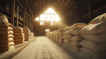 Leinwandbilder - Sugar in a Warehouse, Bags of sugar, Big food warehouse filled with sacks of sugar, Factory of sugar beets
