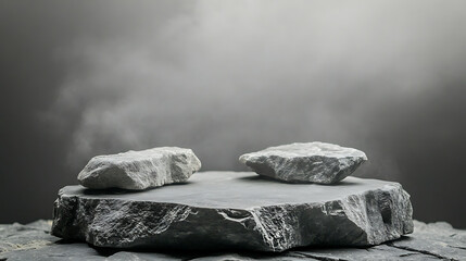 Poster - Stone podium with rocks and snags on a grey background, ideal for showcasing products with copy space