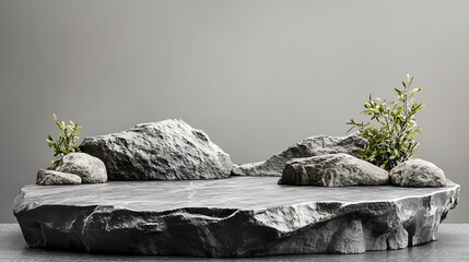 Aufkleber - Stone podium with rocks and snags on a grey background, ideal for showcasing products with copy space