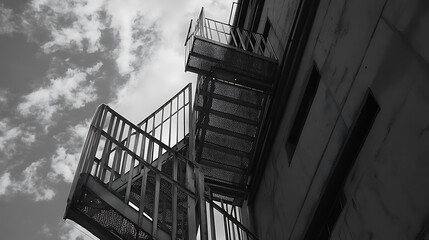 Poster - Stairs to building corridors: metal outdoor stairs, industrial stairs, fire escape stairs, metal stair structure, made of stainless steel
