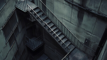 Poster - Stairs to building corridors: metal outdoor stairs, industrial stairs, fire escape stairs, metal stair structure, made of stainless steel