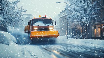 Poster - Snowplow truck clearing city street during heavy winter snowfall